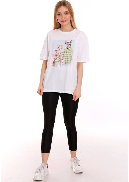 Kadın Oversize Cat Couple Baskılı Tshirt