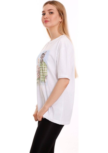 Kadın Oversize Cat Couple Baskılı Tshirt