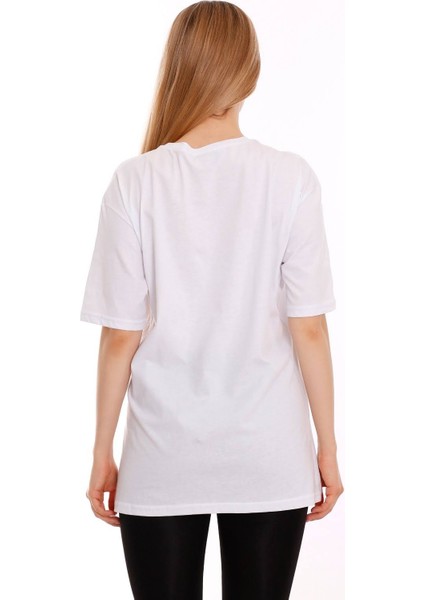 Kadın Oversize Cat Couple Baskılı Tshirt