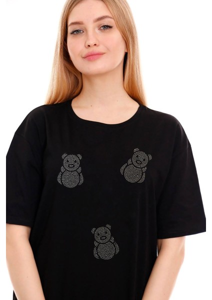 Kadın Oversize Taş Işlemeli Minik Ayıcık Baskılı Tshirt fiyatları