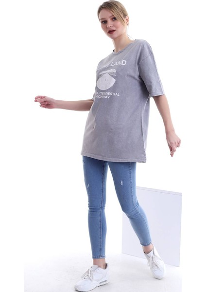 Kadın Oversize No Land Baskılı Tshirt