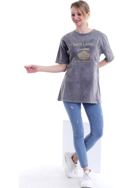 Kadın Oversize No Land Baskılı Tshirt