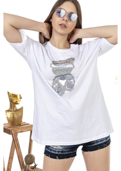 Kadın Oversize Taş Işlemeli Ayıcık Baskılı Tshirt modelleri