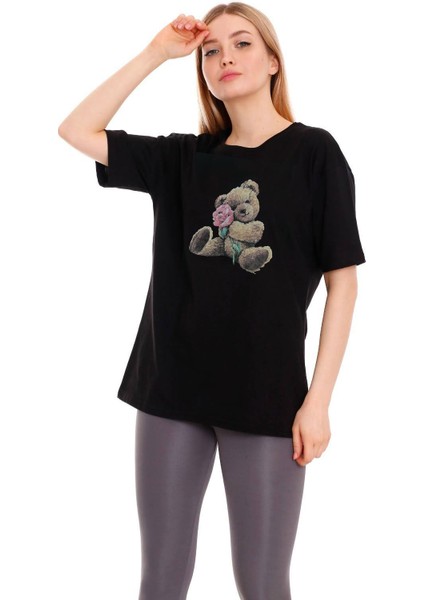 Kadın Oversize Bear Baskılı Tshirt