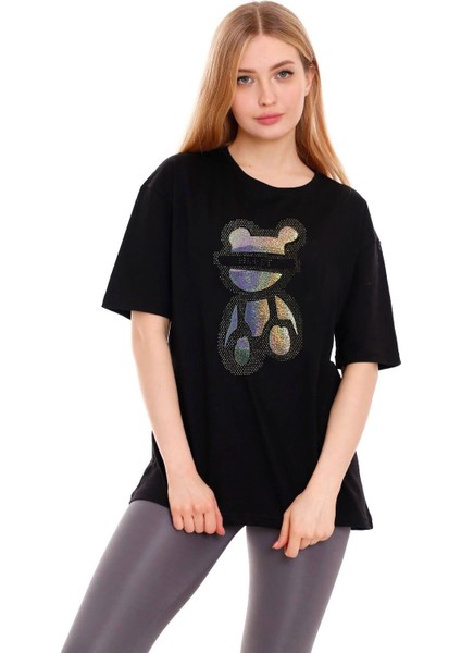 Kadın Oversize Taş Işlemeli Ayıcık Baskılı Tshirt