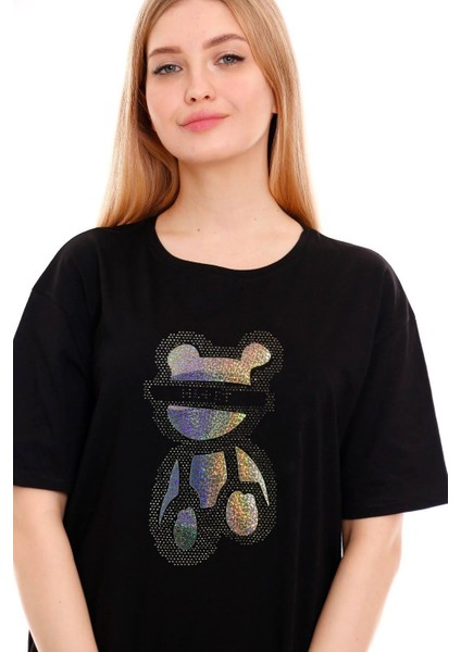 Kadın Oversize Taş Işlemeli Ayıcık Baskılı Tshirt fiyatları