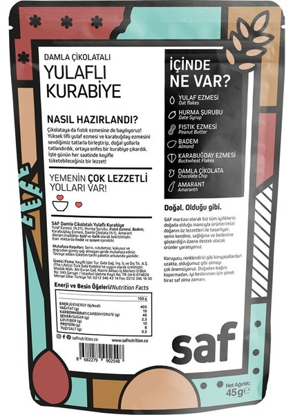 Saf Nutrition Damla Çikolatalı Kurabiye. 45 gr x 4