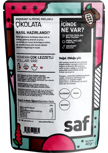 Saf Nutrition Amarantlı Pirinç Patlaklı Çikolata, 40 gr x 4