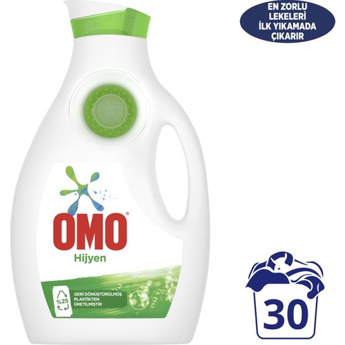 Omo Hijyen  Sıvı Çamaşır Deterjanı  Beyazlar ve Renkliler İçin En Zorlu  Leke Çıkarıcı  İlk Yıkamada 1950 ML 30 Yıkama 1 Adet
