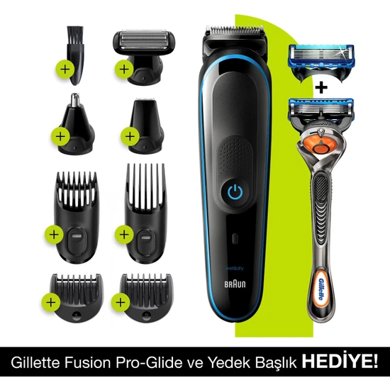 Braun MGK 5280 Şarjlı Erkek Bakım Kiti 9in1  Kablosuz Şekillendirici + Gillette Fusion ProGlide