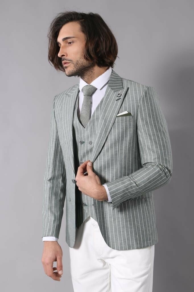 Wessi Erkek Çizgili Ceketli Yelekli Slim Fit Takım Elbise