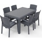 Violet Rattan Masa Takımı 90x150 Camlı Masa 6 Kişilik Rattan Sandalye Seti Bahçe Balkon Teras Takımı