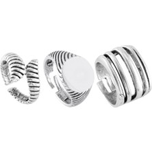 Labalaba Kadın Antik Gümüş Kaplama Ayarlanabilir 3'lü Vintage Yüzük Seti