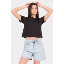 As Collection Siyah Bisiklet Yaka Kısa Kol Örme Kadın Crop