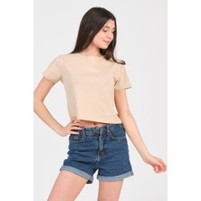 As Collection Bej Bisiklet Yaka Kısa Kol Örme Kadın Crop