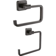 Ahlez Kare Mat Siyah Kapaksız Kağıtlık + Yuvarlak Havluluk Ikili Banyo Seti