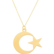 Prenses Pırlanta Kadın 14 Ayar Altın 2 cm Ay Yıldız Kolye