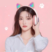 Blupple Kedi Kulak Sevimli Kablosuz Bluetooth 5.0 LED Işıklı Kedili Şık Kulaküstü Kulaklık Kız Çocuk Raydolu Fm Mavi