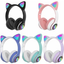 Blupple Kedi Kulak Sevimli Kablosuz Bluetooth 5.0 LED Işıklı Kedili Şık Kulaküstü Kulaklık Kız Çocuk Raydolu Fm Mavi