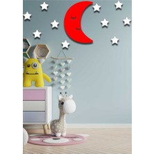 Hellove Kırmızı Aydede + 10 Beyaz Yıldız Çocuk Odası Ahşap Duvar Süsü 32X22CM