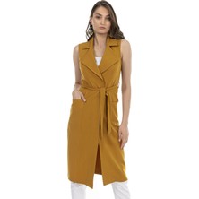 Disentis Modest Klasik Yaka Midi Boy Cepli ve Kuşaklı Hardal Yelek