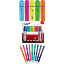 Adel - Sharpie - Serve 26 Renk Fosforlu Kalem Seti + Inn Boyanabilir Kalemlik Hediyeli
