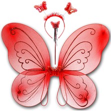 Süsle Bebek ve Parti Kelebek Kanat, Asa ve Taç 3'lü Set - Kırmızı