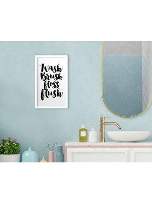 Bk Home Wash Brush Floss Flush Dekoratif Ahşap Beyaz Çerçeveli Tablo-1