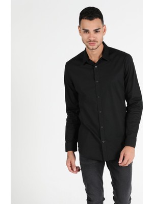 Colins  Super Slim Fit Shirt Neck Erkek Siyah Uzun Kol Gömlek