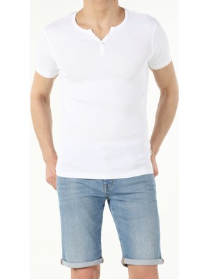 Slim Fit Placket Neck  Erkek Beyaz Kısa Kol Tişört Cl1040245