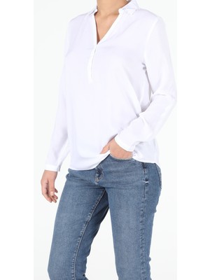 Colins Regular Fit Shirt Neck Kadın Beyaz Uzun Kol Gömlek