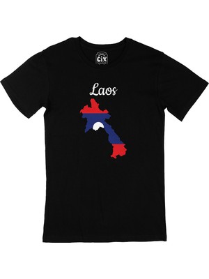 Cix Laos Haritalı ve Bayraklı Siyah Tişört