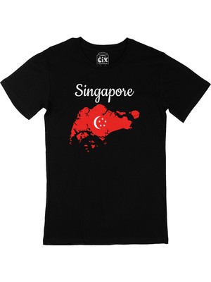 Cix Singapur Haritalı ve Bayraklı Siyah Tişört