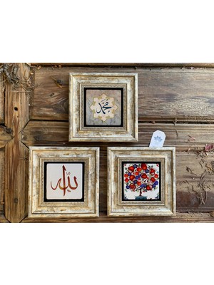 Oscar Stone Decor Çerçeveli Taş Duvar  Dekoru 20 x 20 cm 3lü Set Desen Nazar Boncuğu ve Duası