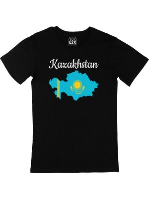 Cix Kazakitan Haritalı ve Bayraklı Siyah Tişört