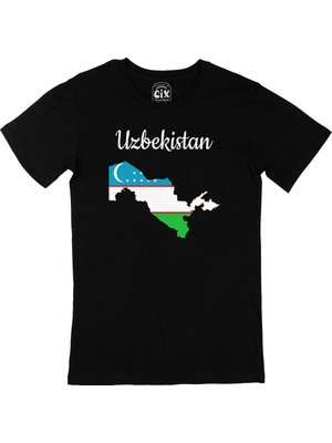 Cix Özbekistan Haritalı ve Bayraklı Siyah Tişört