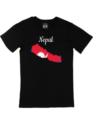 Cix Nepal Haritalı ve Bayraklı Siyah Tişört
