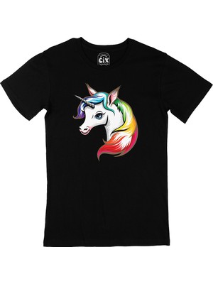 Cix Renkli Unicorn Siyah Tişört