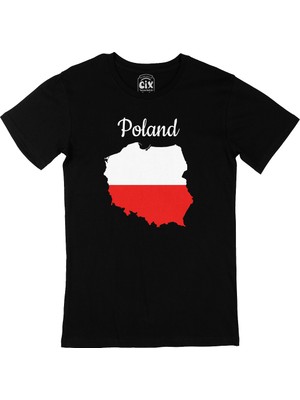 Cix Polonya Haritalı ve Bayraklı Siyah Tişört