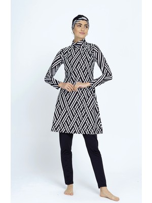 Remsa Mayo Likralı Tam Kapalı Tesettür Mayo Siyah Beyaz Zik Zak 2201 Zehra