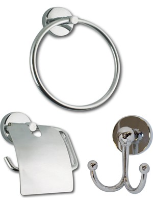 Ahlez Lüx Krom Yuvarlak Havluluk + Ikili Askılık + Kapaklı Kağıtlık Üçlü Banyo Seti