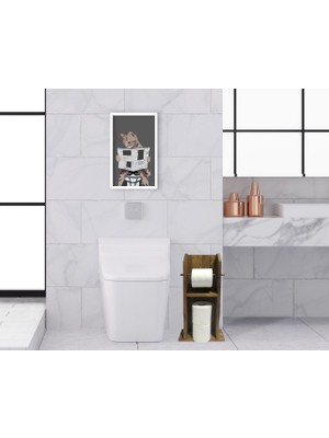 Bk Gift Doğal Masif Ahşap Tuvalet Kağıtlığı ve Dekoratif Ahşap Beyaz Çerçeveli Tablo Seti-15