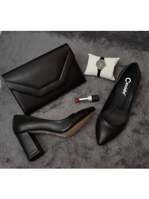 Cassido Shoes Özel Tasarım Siyah Deri Topuklu Ayakkabı ve Çanta Takım