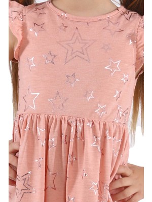 Silversun Silversunkids | Kız Çocuk Somon Renkli Yıldız Baskılı Kolları Fırfırlı Örme Elbise | Ek 218494