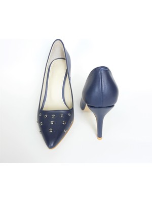 Kadsu Design Lacivert Hakiki Deri Zımbalı Stiletto Ayakkabı Navy