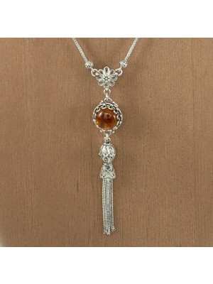 Filigran Silver 925 Ayar Gümüş Otantik El Işçiliği Telkari Doğal Amber Taşlı Püsküllü Kadın Kolye