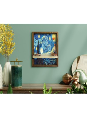 BK Starry Night Van Gogh Tasarımlı Doğal Masif Ahşap Çerçeveli Tablo Duvar Rafı-1