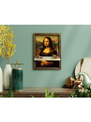 BK Mona Lisa Tasarımlı Doğal Masif Ahşap Çerçeveli Tablo Duvar Rafı-1