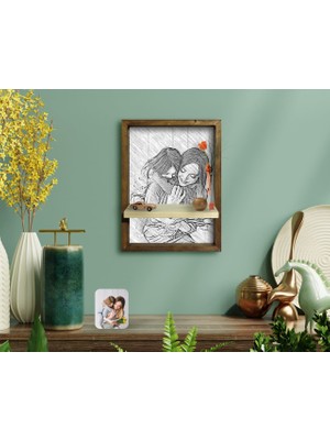 BK Anne Kız Fotoğraflı Doğal Masif Ahşap Çerçeveli Karakalem Tasarımlı Tablo Duvar Rafı-1