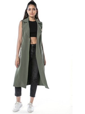 Disentis Modest Klasik Yaka Midi Boy Cepli ve Kuşaklı Haki Yelek